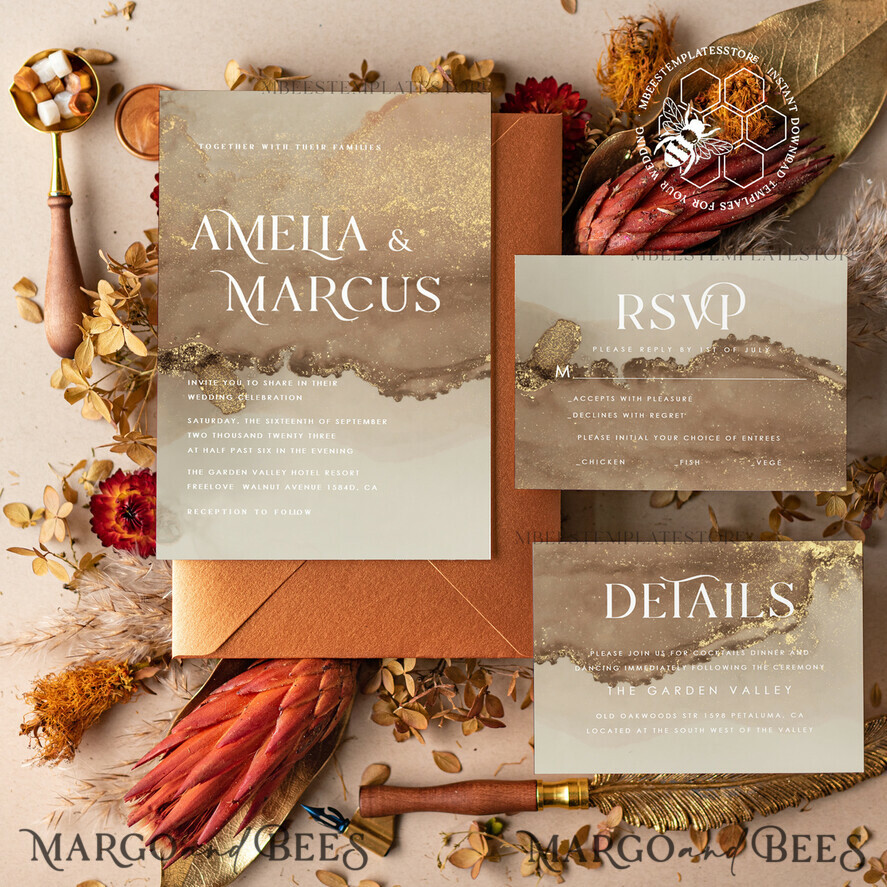 TEMPLETT wedding invitation download Gold ombre wedding Invitation Template, Instant Download Printable Invites Home Printing, Gold Boho Wedding Invitation Card Set terracotta