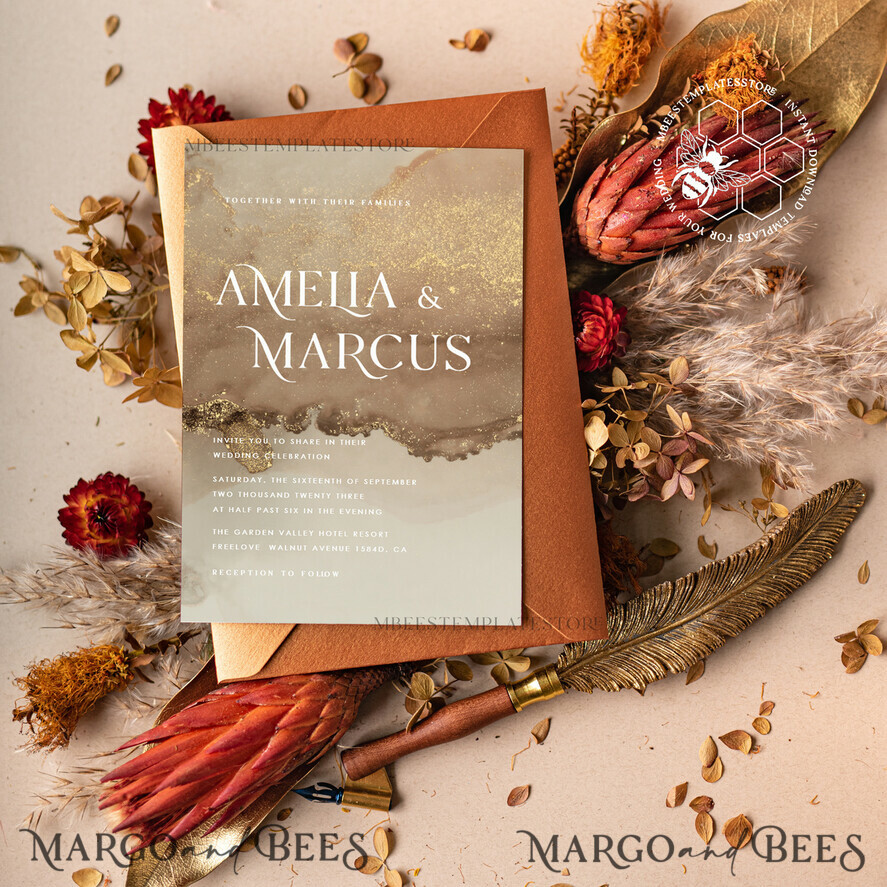 TEMPLETT wedding invitation download Gold ombre wedding Invitation Template, Instant Download Printable Invites Home Printing, Gold Boho Wedding Invitation Card Set terracotta