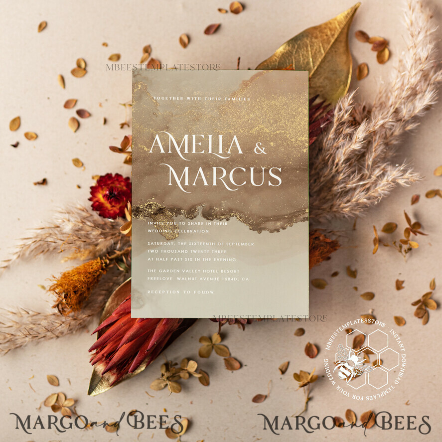TEMPLETT wedding invitation download Gold ombre wedding Invitation Template, Instant Download Printable Invites Home Printing, Gold Boho Wedding Invitation Card Set terracotta