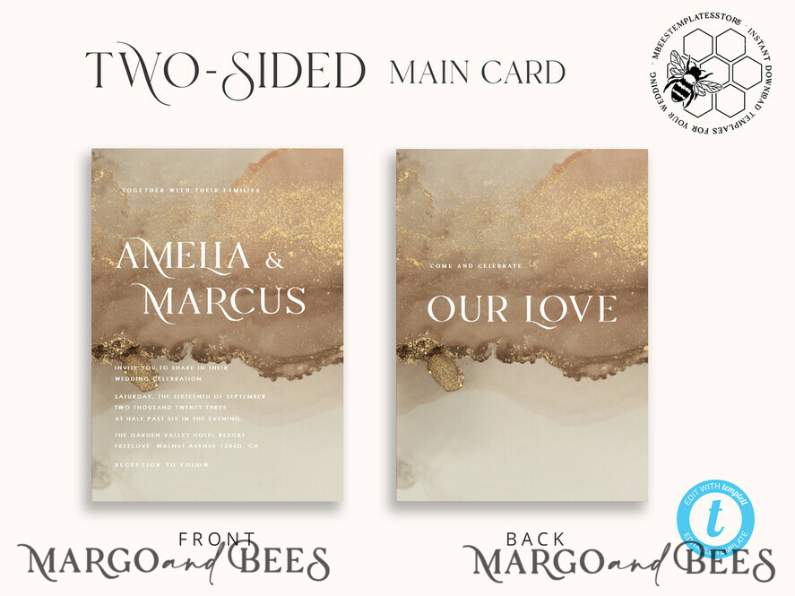 TEMPLETT wedding invitation download Gold ombre wedding Invitation Template, Instant Download Printable Invites Home Printing, Gold Boho Wedding Invitation Card Set terracotta