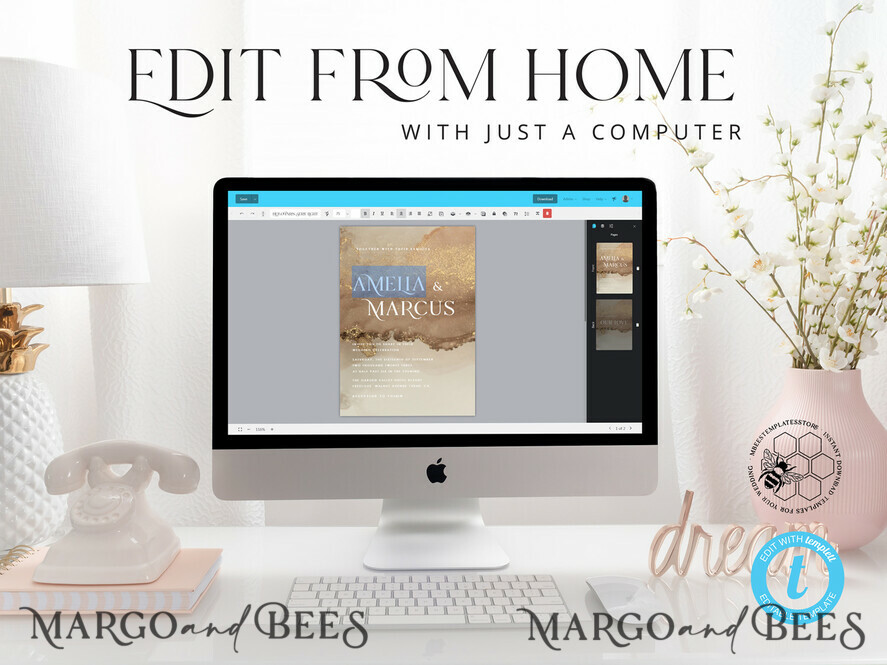TEMPLETT wedding invitation download Gold ombre wedding Invitation Template, Instant Download Printable Invites Home Printing, Gold Boho Wedding Invitation Card Set terracotta