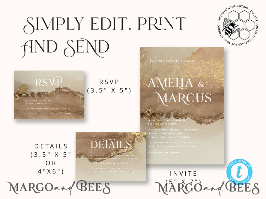 TEMPLETT wedding invitation download Gold ombre wedding Invitation Template, Instant Download Printable Invites Home Printing, Gold Boho Wedding Invitation Card Set terracotta