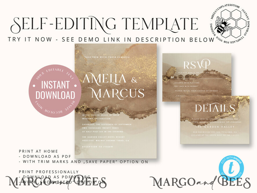 TEMPLETT wedding invitation download Gold ombre wedding Invitation Template, Instant Download Printable Invites Home Printing, Gold Boho Wedding Invitation Card Set terracotta