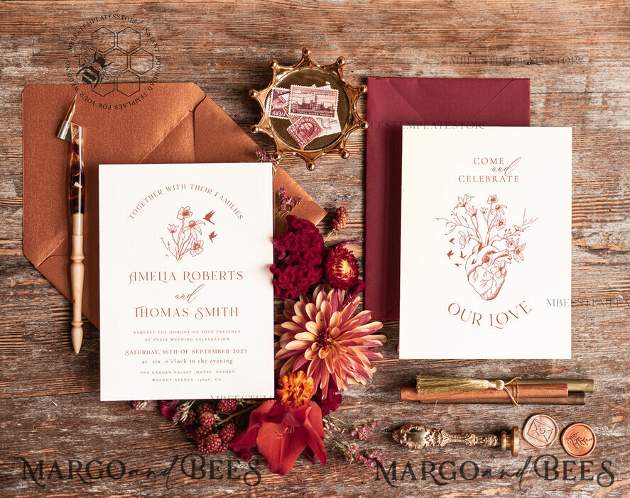 TEMPLETT wedding invitation download Boho fall wedding Invitations Set Template, Instant Download Printable Invites Home Printing, Terracotta Autumn Fine Art Invitation Card Set