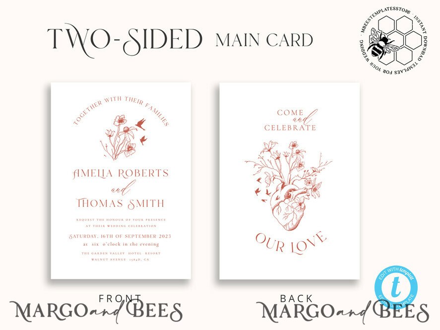 TEMPLETT wedding invitation download Boho fall wedding Invitations Set Template, Instant Download Printable Invites Home Printing, Terracotta Autumn Fine Art Invitation Card Set