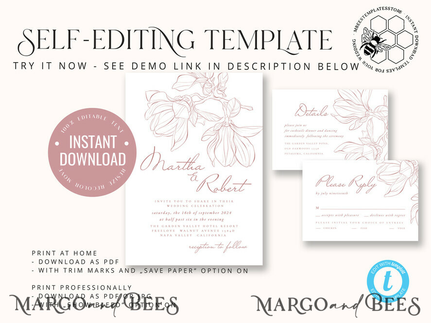TEMPLETT wedding invitation download Fine art pink wedding invitation template, Instant download Wedding Invites, Simple Wedding Invitation Printable Template Invitations