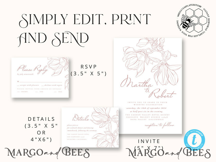 TEMPLETT wedding invitation download Fine art pink wedding invitation template, Instant download Wedding Invites, Simple Wedding Invitation Printable Template Invitations