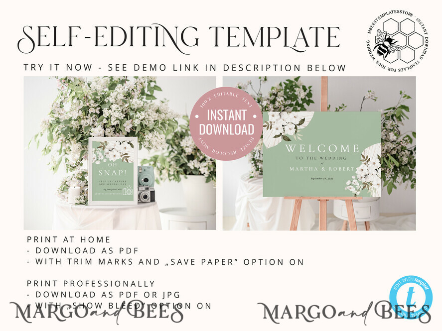 TEMPLETT wedding set Sage Green Boho Wedding Stationery Bundle, Greenery Wedding Template Kit, Wedding Invitation Set, Invitation Template Download Set, WSpr1