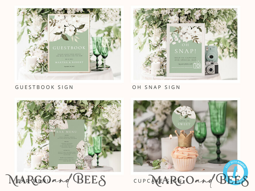 TEMPLETT wedding set Sage Green Boho Wedding Stationery Bundle, Greenery Wedding Template Kit, Wedding Invitation Set, Invitation Template Download Set, WSpr1
