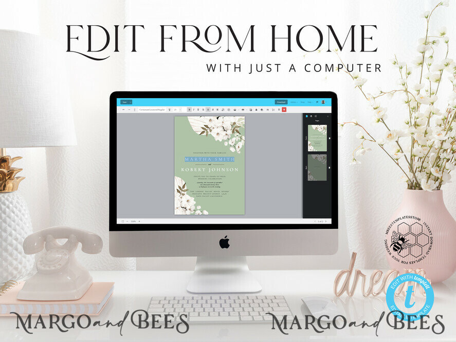 TEMPLETT wedding set Sage Green Boho Wedding Stationery Bundle, Greenery Wedding Template Kit, Wedding Invitation Set, Invitation Template Download Set, WSpr1