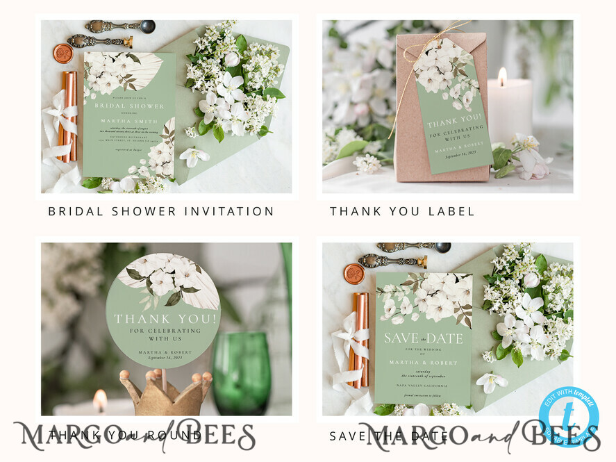 TEMPLETT wedding set Sage Green Boho Wedding Stationery Bundle, Greenery Wedding Template Kit, Wedding Invitation Set, Invitation Template Download Set, WSpr1