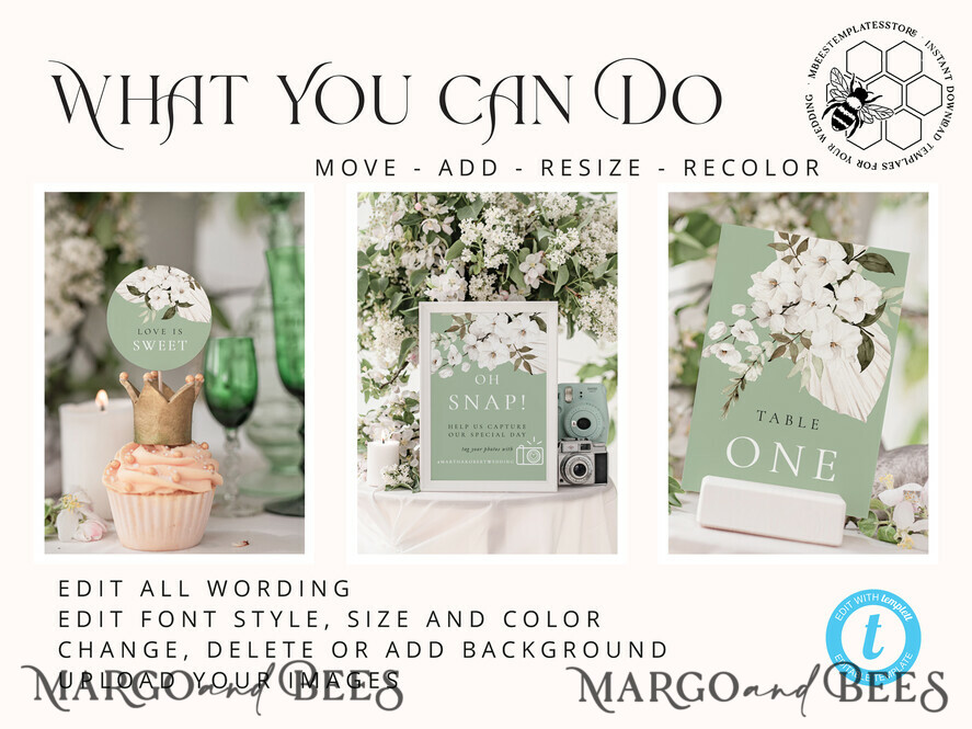 TEMPLETT wedding set Sage Green Boho Wedding Stationery Bundle, Greenery Wedding Template Kit, Wedding Invitation Set, Invitation Template Download Set, WSpr1