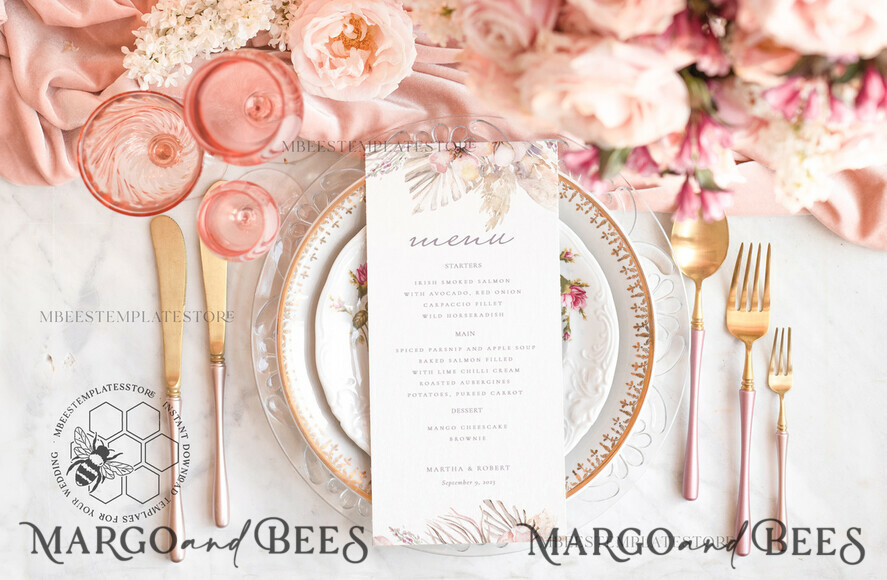 TEMPLETT  
 Hochzeitsdrucksachen Boho-Hochzeitsmenü-Vorlage, bearbeitbare Abendmenüs, Sofort-Download rustikale Hochzeitsmenüs, Gartenhochzeitsmenü druckbar, WPam5
