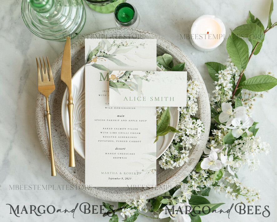 TEMPLETT  
 Hochzeitsdrucksachen Modernes Hochzeitsmenü-Template, editierbare Abendmenüs, Sofort-Download grüne Hochzeitsmenüs, druckbares Gartenhochzeitsmenü, WSpr1