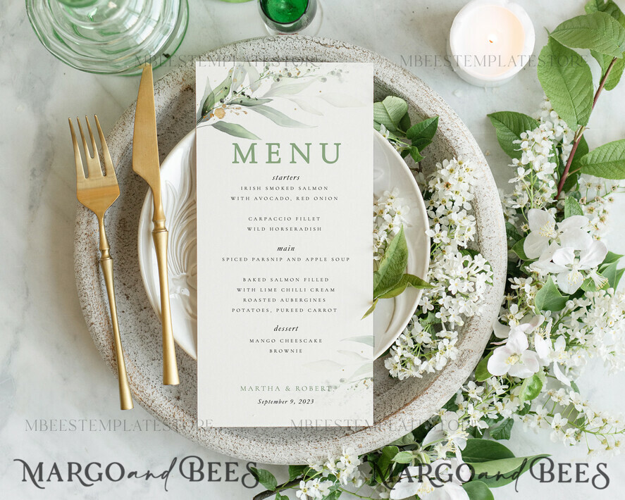 TEMPLETT  
 Hochzeitsdrucksachen Modernes Hochzeitsmenü-Template, editierbare Abendmenüs, Sofort-Download grüne Hochzeitsmenüs, druckbares Gartenhochzeitsmenü, WSpr1