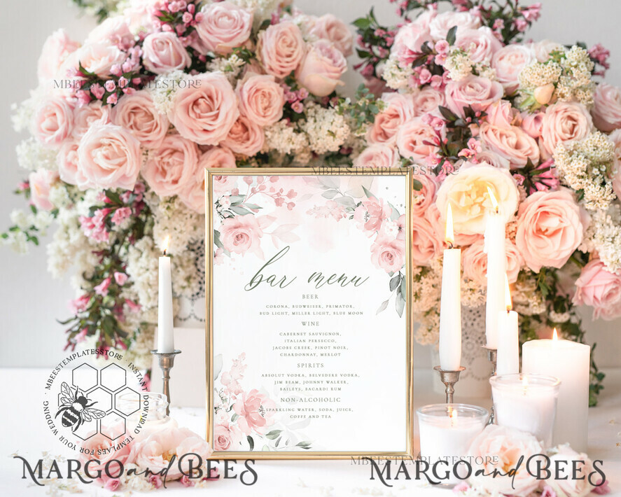TEMPLETT wedding stationery Floral drink bar menu template, Drinks Signs editable, Instant download Modern Table Signs Garden Wedding Menu Sign  Printable, WRom1