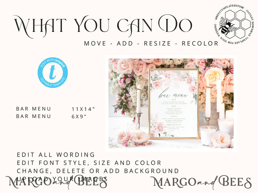 TEMPLETT wedding stationery Floral drink bar menu template, Drinks Signs editable, Instant download Modern Table Signs Garden Wedding Menu Sign  Printable, WRom1