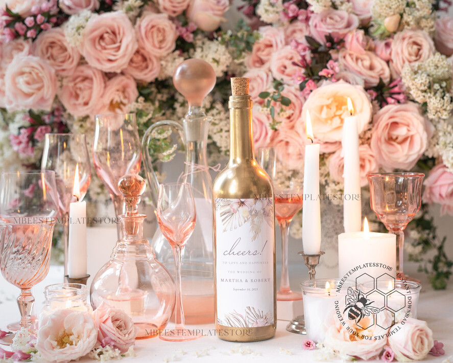 TEMPLETT  
 Hochzeitsdrucksachen Boho-Weinetikett Hochzeitsvorlage, bearbeitbare Weinetiketten Hochzeiten, Sofortdownload Elegantes Weinetikett Hochzeitsgarten druckbar, WPam5