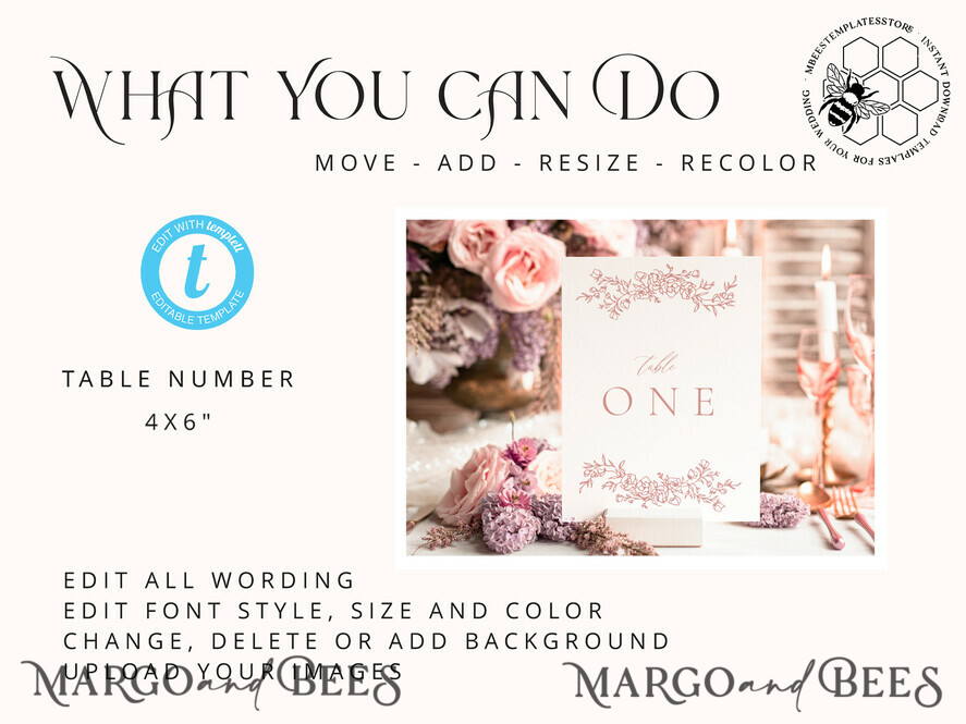 TEMPLETT wedding stationery Minimalist table number template, table numbers editable, Instant download Modern table numbers, Garden table number  Printable, WRoses8