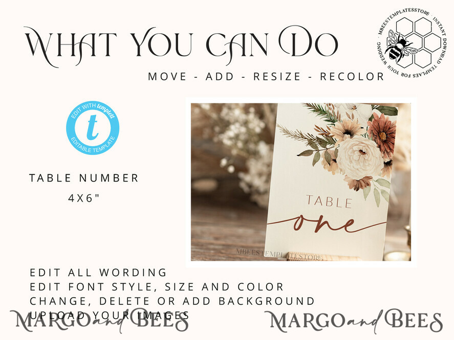 TEMPLETT wedding stationery Boho table number template, table numbers editable, Instant download Modern table numbers, Garden table number Printable, Wboho10