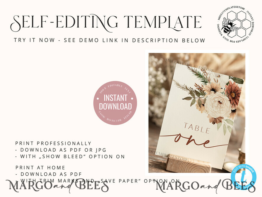 TEMPLETT wedding stationery Boho table number template, table numbers editable, Instant download Modern table numbers, Garden table number Printable, Wboho10