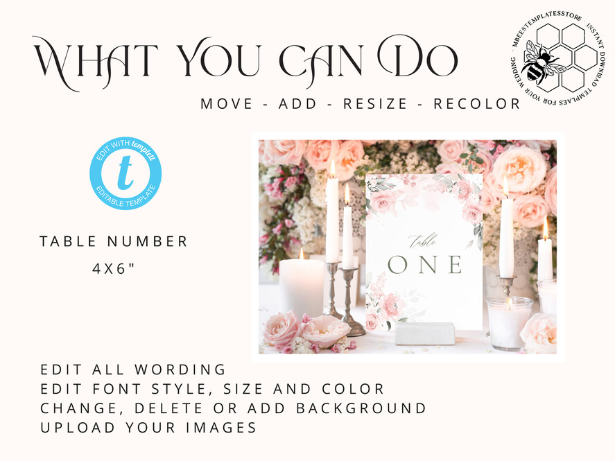 TEMPLETT wedding stationery Floral table number template, table numbers editable, Instant download Modern table numbers, Garden table number  Printable, WRom1
