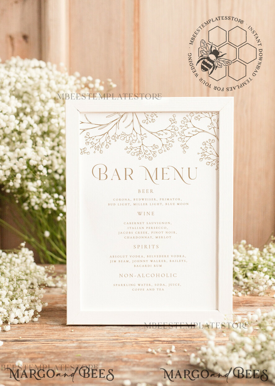 TEMPLETT  
 Hochzeitsdrucksachen Gypsophila Getränkebar Menüvorlage, bearbeitbare Getränkesymbole, Sofortiger Download Moderne Tischschilder Gartenhochzeitsmenü-Schild Druckbar, WGyp2
