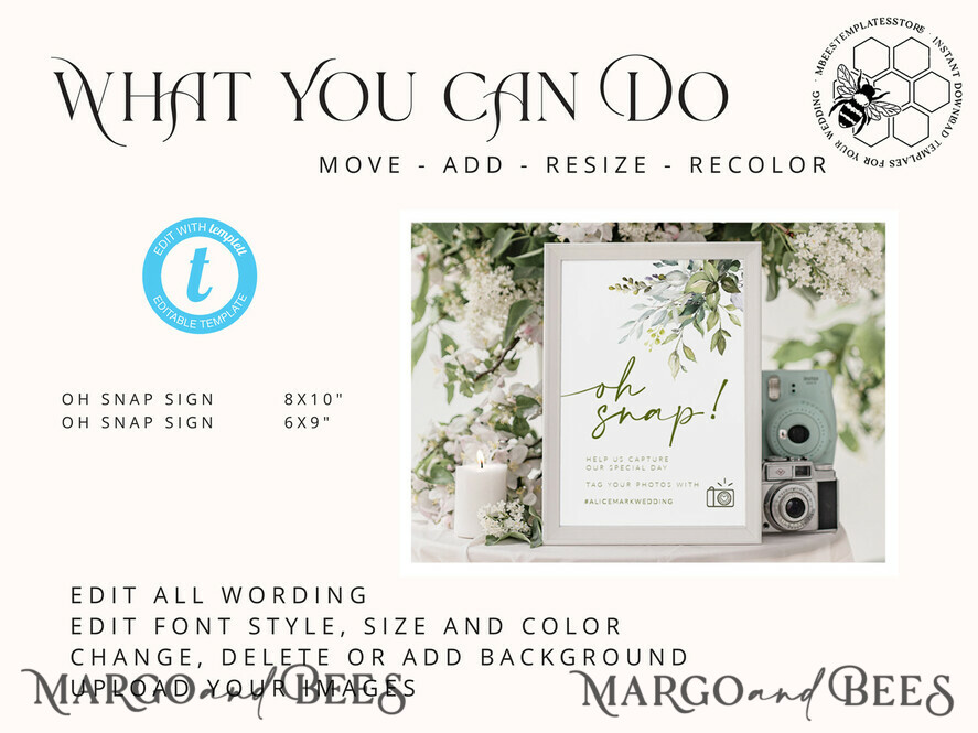 TEMPLETT wedding signs Green Oh Snap Wedding Hashtag Sign template, Instant download Greenery Wedding Instagram Sign, Hashtag Printable, Minimalist  Sign, WGreen4