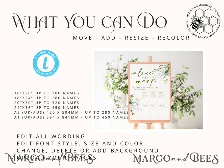 TEMPLETT wedding signs Greenery wedding welcome sign template, Wedding Seating Chart Template, Printable Seating Chart Wedding, Chart Sign Poster, WGreen4