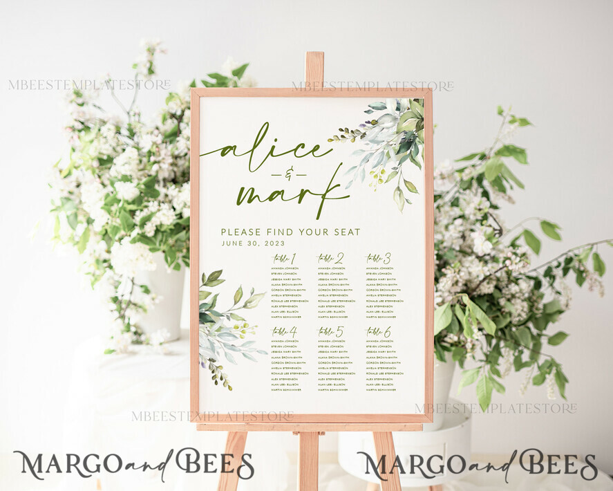 TEMPLETT wedding signs Greenery wedding welcome sign template, Wedding Seating Chart Template, Printable Seating Chart Wedding, Chart Sign Poster, WGreen4