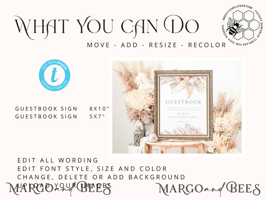 TEMPLETT wedding signs Pampas Guestbook Wedding Sign template, Instant download Boho Wedding Guest book Sign, Guestbook  Printable, Minimalist  Sign, WPam5