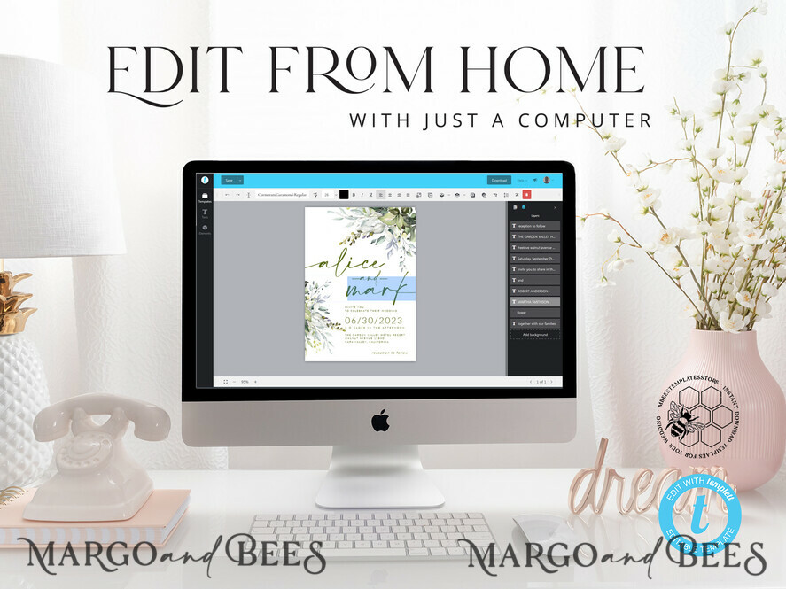 TEMPLETT save the date Floral save the date card template, Instant download Greenery save the date card, Modern Garden save the date cards Set Printable WGreen4