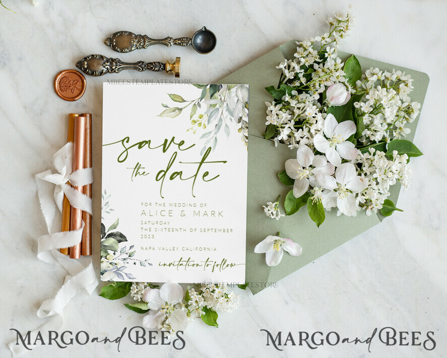 TEMPLETT save the date Floral save the date card template, Instant download Greenery save the date card, Modern Garden save the date cards Set Printable WGreen4