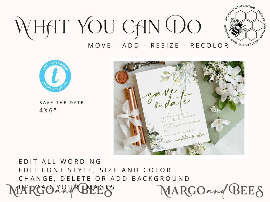 TEMPLETT save the date Floral save the date card template, Instant download Greenery save the date card, Modern Garden save the date cards Set Printable WGreen4