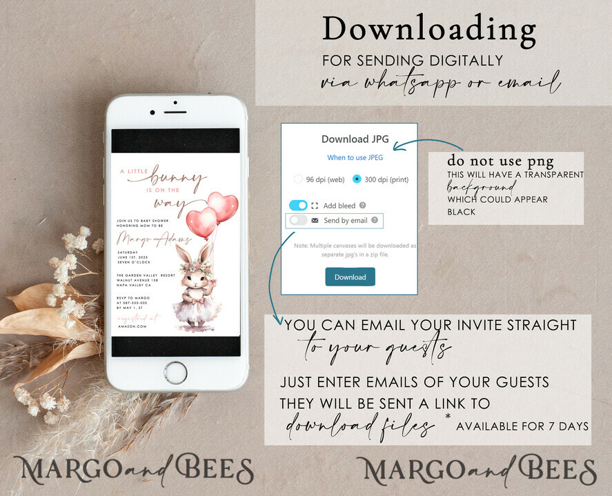 TEMPLETT baby shower Girl Rabbit Baby Shower Invitation Template Bunny is on the way Diapper Raffle Books balloon Instant Download Blush editable Easter invite