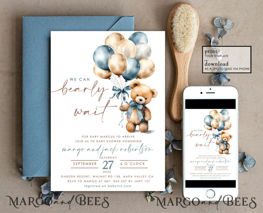 TEMPLETT  
 Babyparty Gewölbte Teddy-Bär Baby Junge Babyparty Einladungsvorlagen-Set Wir können es kaum erwarten Windelverlosung Bücher, Sofort-Download Druckbare Einladungen Heimdruck
