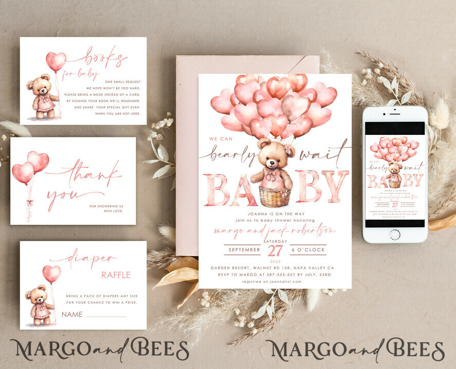 TEMPLETT  
 Babyparty Blush Pink Teddy Bear Baby Girl Shower Einladungsvorlage Set süßes kleines Mädchen auf dem Weg Windelverlosungsbücher Bogen Sofortiger Download Blush Pink bearbeitbare Einladung