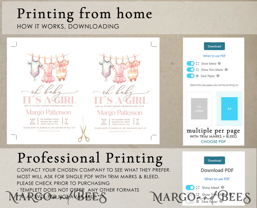 TEMPLETT baby shower Clothes Baby Girl Shower Invitation Template Set Oh baby It\'s a girl Diapper Raffle Books Arch Instant Download Blush Pink editable invite