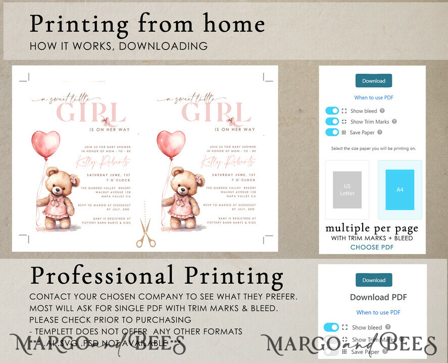 TEMPLETT baby shower blush pink Teddy Bear Baby Girl Shower Invitation Template Set sweel little girl on her way Diapper Raffle Books Arch Instant Download Blush Pink editable invite