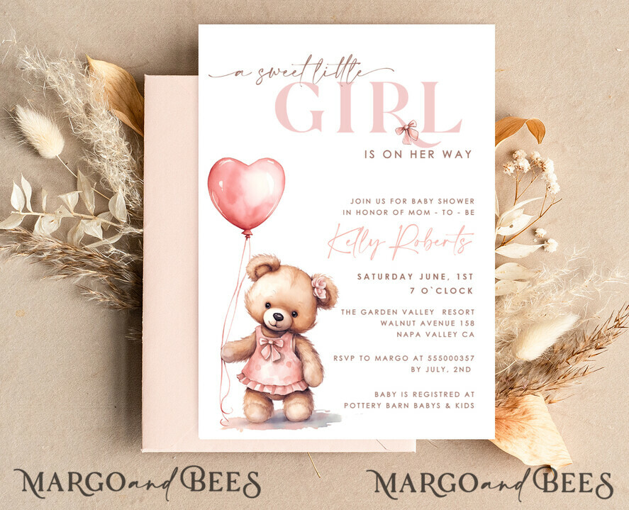 TEMPLETT baby shower blush pink Teddy Bear Baby Girl Shower Invitation Template Set sweel little girl on her way Diapper Raffle Books Arch Instant Download Blush Pink editable invite