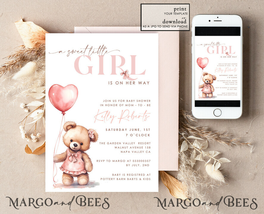 TEMPLETT baby shower blush pink Teddy Bear Baby Girl Shower Invitation Template Set sweel little girl on her way Diapper Raffle Books Arch Instant Download Blush Pink editable invite