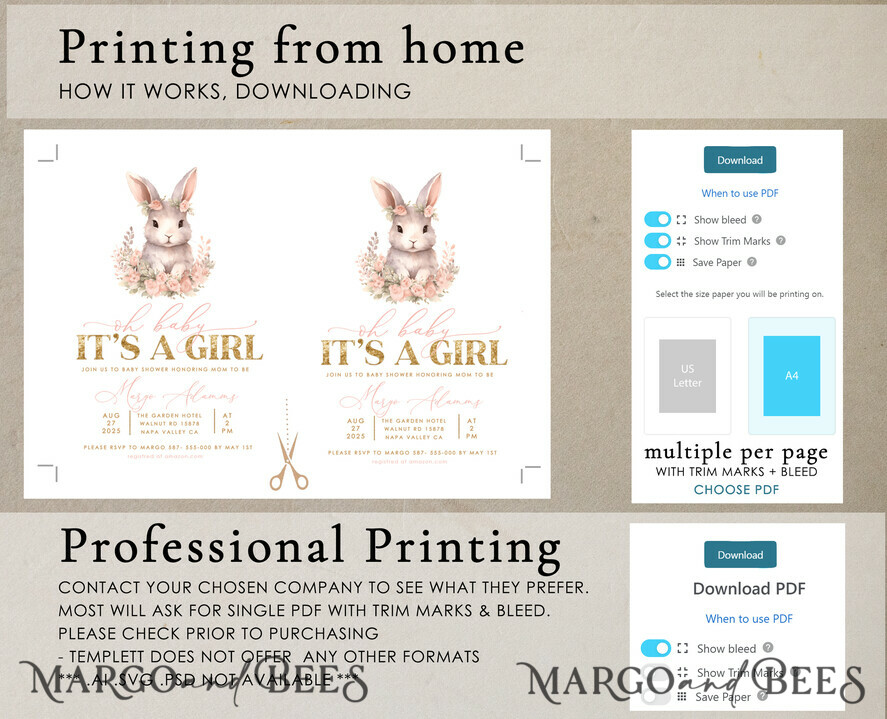 TEMPLETT  
 Babyparty Mädchen Kaninchen Baby Shower Einladung Vorlage Bunny ist auf dem Weg Windel Verlosung Bücher Ballon Sofortiger Download Gold Blush bearbeitbare Ostereinladung