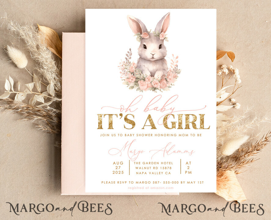 TEMPLETT  
 Babyparty Mädchen Kaninchen Baby Shower Einladung Vorlage Bunny ist auf dem Weg Windel Verlosung Bücher Ballon Sofortiger Download Gold Blush bearbeitbare Ostereinladung