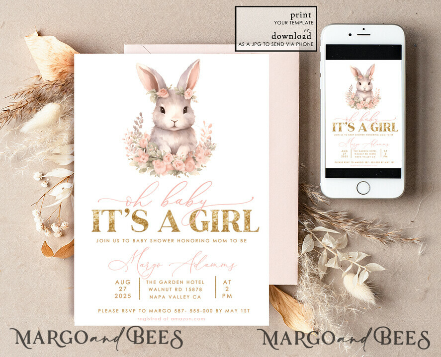 TEMPLETT  
 Babyparty Mädchen Kaninchen Baby Shower Einladung Vorlage Bunny ist auf dem Weg Windel Verlosung Bücher Ballon Sofortiger Download Gold Blush bearbeitbare Ostereinladung