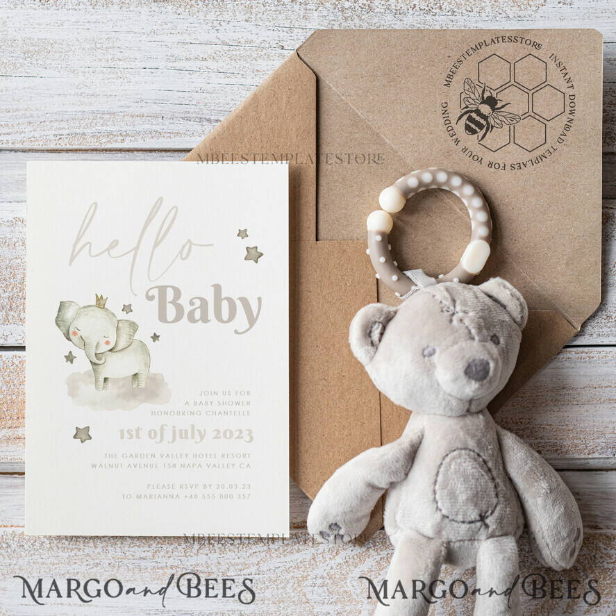 TEMPLETT baby shower Elephant Baby Shower Invitation Template download, Simple Baby Shower Boy Invitations Set,  Printable Invites Set Home Printing Boho Cards