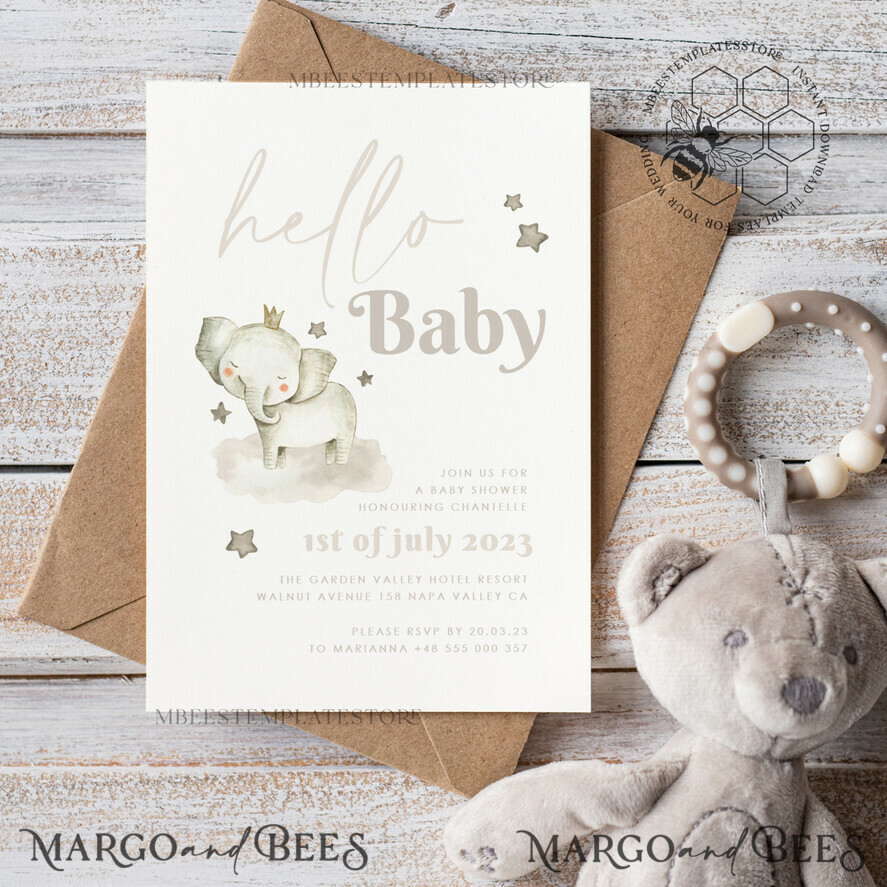 TEMPLETT baby shower Elephant Baby Shower Invitation Template download, Simple Baby Shower Boy Invitations Set,  Printable Invites Set Home Printing Boho Cards