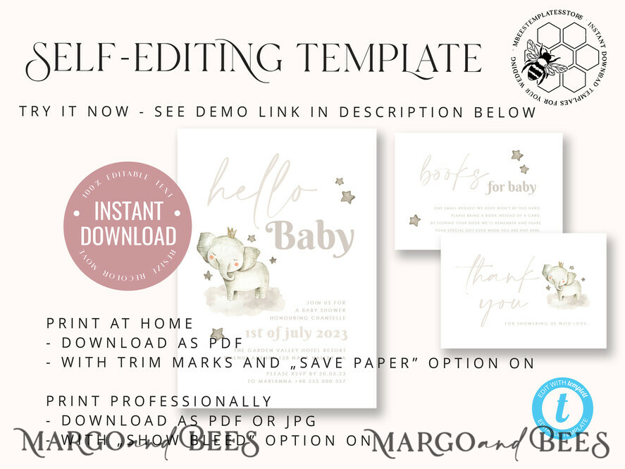 TEMPLETT baby shower Elephant Baby Shower Invitation Template download, Simple Baby Shower Boy Invitations Set,  Printable Invites Set Home Printing Boho Cards