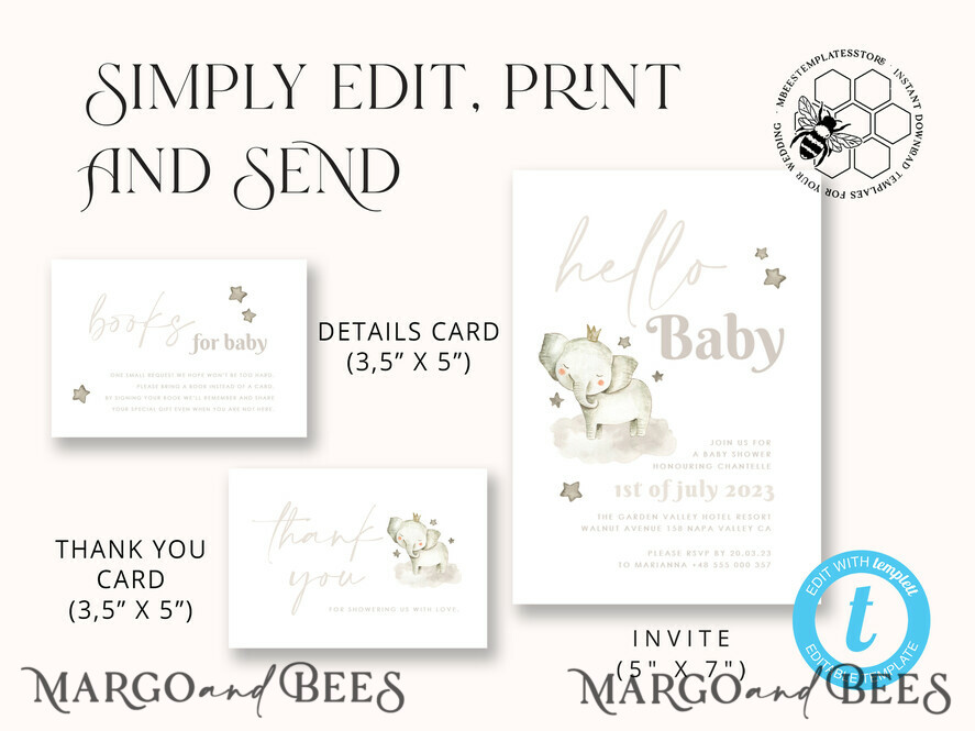 TEMPLETT baby shower Elephant Baby Shower Invitation Template download, Simple Baby Shower Boy Invitations Set,  Printable Invites Set Home Printing Boho Cards