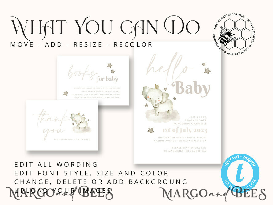 TEMPLETT baby shower Elephant Baby Shower Invitation Template download, Simple Baby Shower Boy Invitations Set,  Printable Invites Set Home Printing Boho Cards