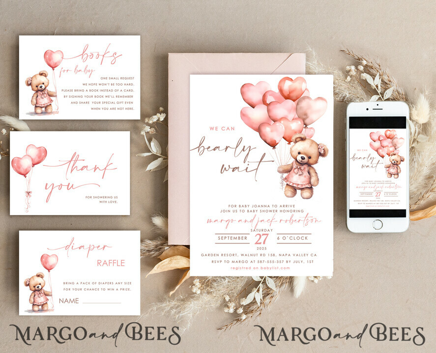 TEMPLETT  
 Babyparty Blush Pink Teddy Bear Baby Girl Shower Einladungsvorlagen Set süßes kleines Mädchen auf dem Weg Windel Verlosungsbücher Bogen Sofort-Download Blush Pink editierbare Einladung